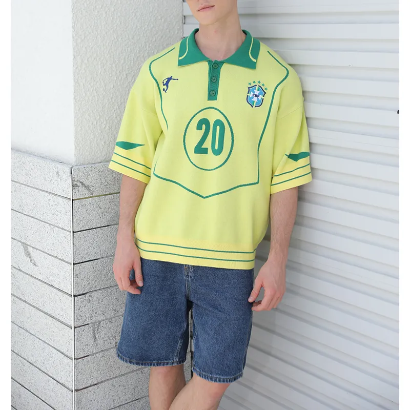 Maillot Brésil à Manches , Tricot Décontracté Style Vintage Football, Polo, Pull-over, Haut en Maille Jersey